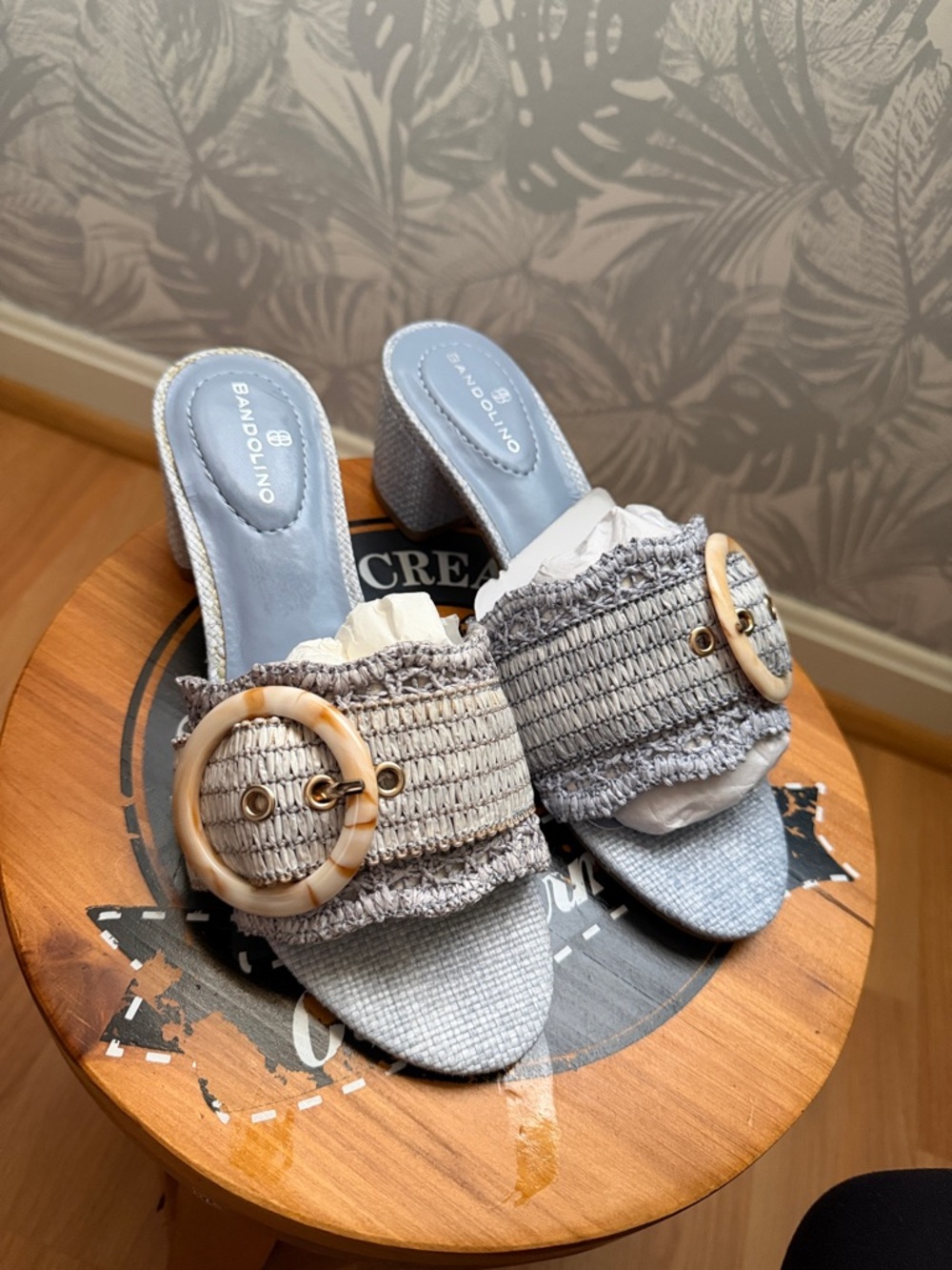 Bandolino Grey Raffia Slide Mules with Tortoiseshell Buckles